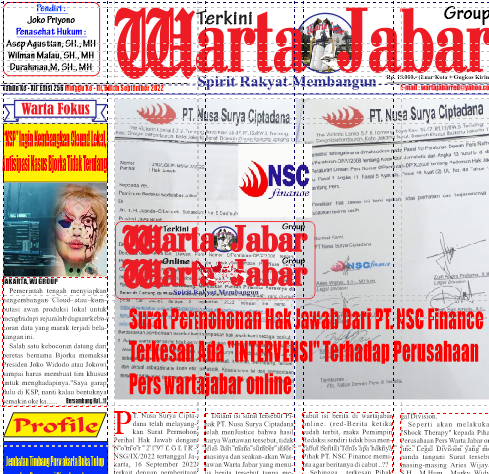 Surat Permohonan Hak Jawab Dari PT. NSC Finance Terkesan Ada “INTERVENSI” Terhadap Perusahaan Pers wartajabar online