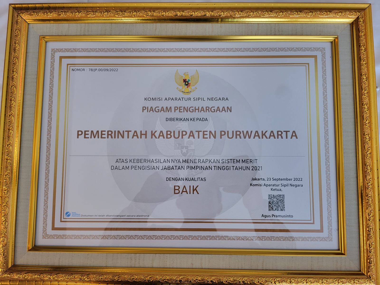 JPT Masuk Dalam Kategori Baik, Pemkab Purwakarta Meraih Penghargaan