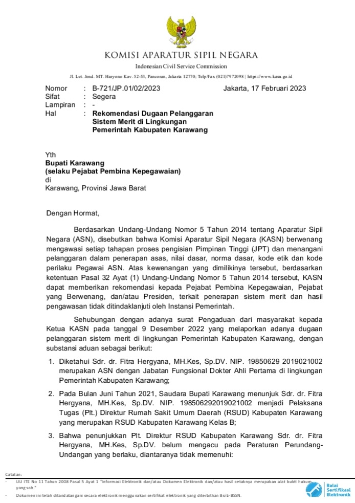 Komisi ASN Merekomendasikan Bupati Karawang Untuk Segera Mengganti Dirut RSUD dr. Fitra Hergyana MH.Kes. Sp.DV