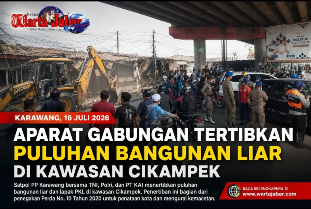 Aparat Gabungan Tertibkan Puluhan Bangunan Liar di Kawasan Cikampek